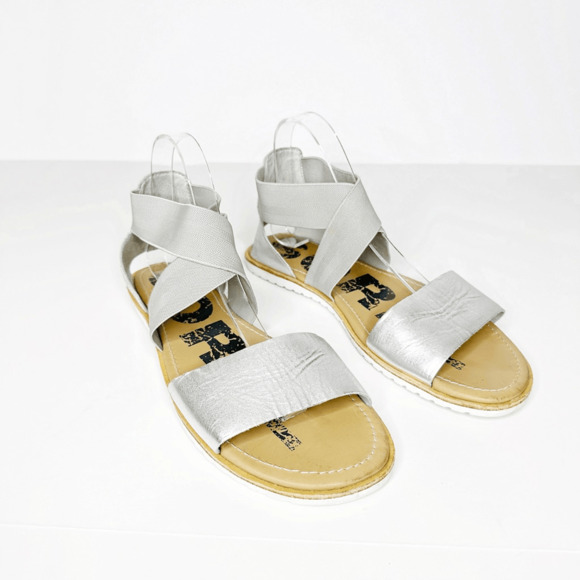 SOREL Ella Sandals silver Elastic Strappy Flats Gray Leather Open Toe Womens 10 - Picture 1 of 5